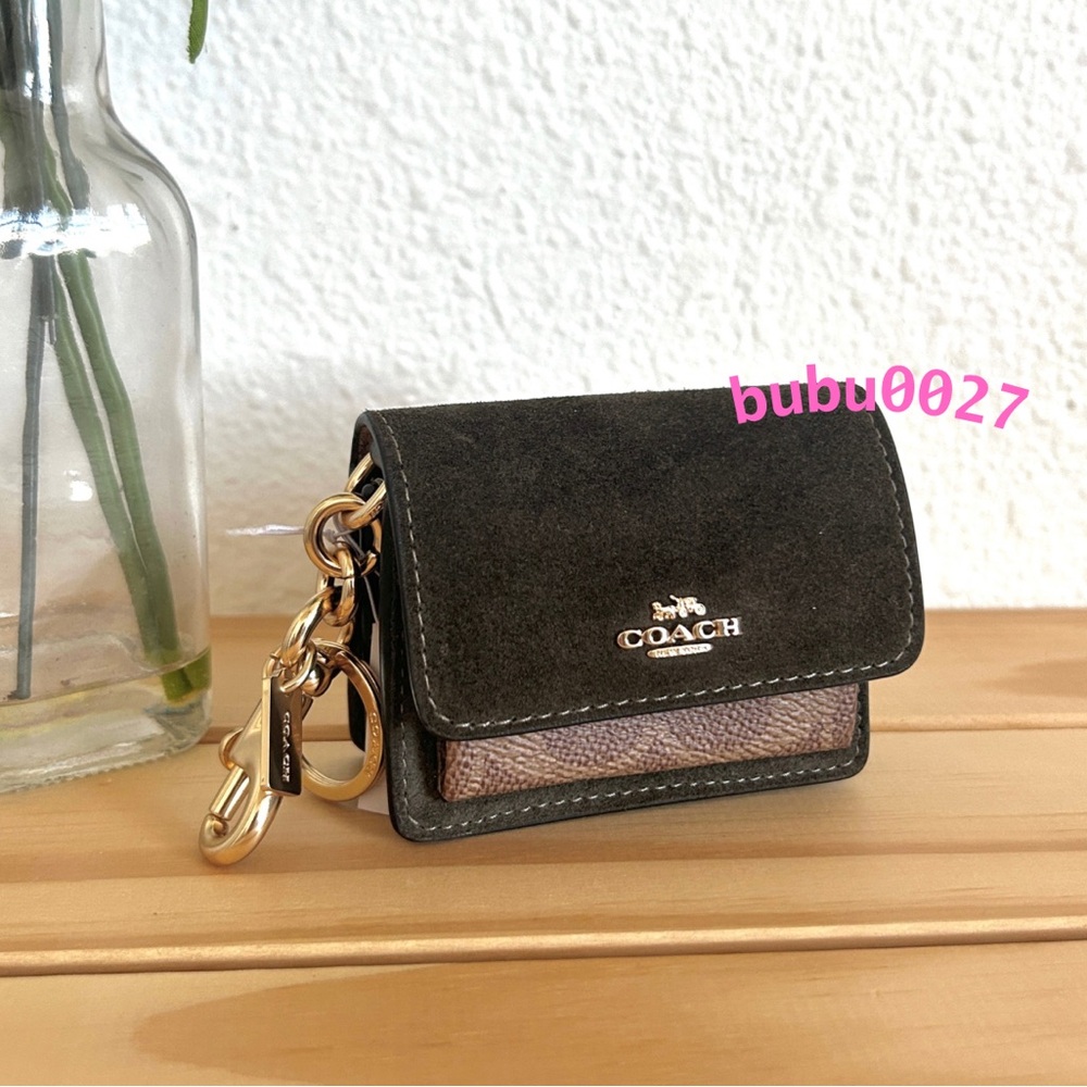 NWT🌵Coach Klare Bag Charm With Signature Canvas Dark Green Suede Mini Coin CCE81